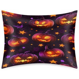 Stars Pumpkin Lights Satin Pillowcase with Zipper Standard Size Silk Pillowcase Cooling Satin Pillow Cases for Hair and Skin Silk Pillow Cases 20"x26" Silky Pillow Cover Decor for Bedroom, Sofa