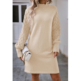 Sovoyontee Women's 2025 Fall Long Sleeve Mock Neck Sweater Dress Casual Loose Ribbed Knit Mini Short Pullover Dresses Apricot