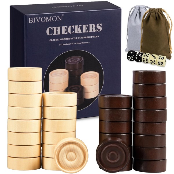 BIVOMON Classic Wooden Checkers Stackable Pieces, Backgammon Pieces, Set of