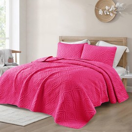 Exclusivo Mezcla Twin Quilt Bedding Set, Lightweight Soft Bedspreads Coverlets with 1 Pillow Sham, Modern Hot Pink Quilts Twin XL Size for All Seasons