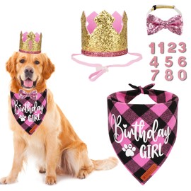 ADOGGYGO Dog Birthday Party Supplies, Pink Plaid Birthday Girl Dog Bandana, Golden Pet Party Hat with Numbers, Bowtie for Extra Large Pets (X-Large)