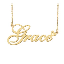 18k Gold Plated Grace Name Necklace Heart Charm Pendant Stainless Steel Graduation Jewelry for Womens Teens 16"