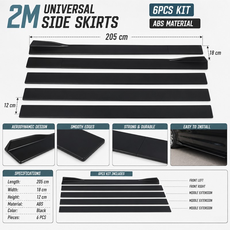 Universal Side Skirt Extensions for Car Styling – 6PCS ABS
