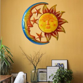 BVLFOOK Metal Larger Size 29 Inch Sun Outdoor Wall Art Decor with Moon & Stars,Hanging for Indoor Outdoor Patio Garden Fence Deck Yard Pool Wall Sculpture Decoration for Living Room Bedroom