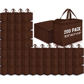 Windyun 200 Pcs Reusable Grocery Bags Large Non Woven Shopping Bags Foldable Portable Tote Bags Bulk(Brown)
