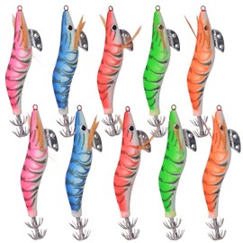 Squid Jigs Luminous Hard Shrimp Lures Artificial Bait Luminous Tail Fishing Jigs Hook Colorful Squid Lures for Octopus Cuttlefish Sea Fishing(2.5#-10PCS)
