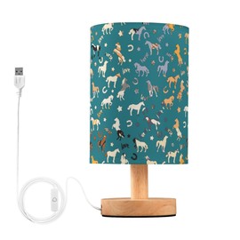 YYZZH Table Lamp Horse Pattern Colorful Star Horseshoes Letter Nightstand Lamp with Wood Base Fabric Lamp Shade Bedside Desk Lamp for Living Room Bedroom Kids Room Office