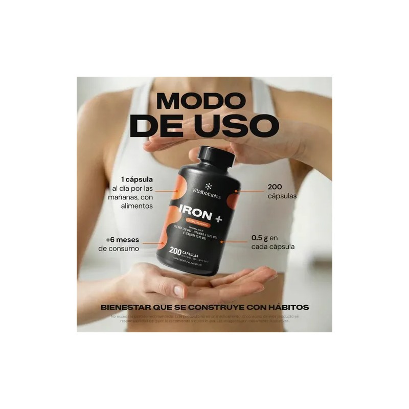 Vital Botanics Hierro Suplemento Vitamina Jengibre 200 Cápsulas Multivitamínico Hombre