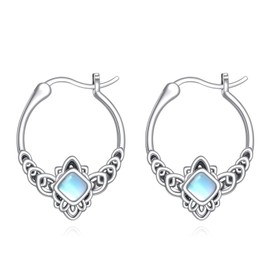 Vintage Square Cut Moonstone Hoop Earrings 925 Sterling Silver June Moonstone Boho Style Hoop Earrings for Women Gifts