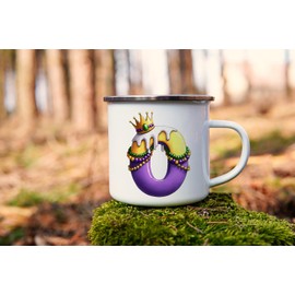 MAXIKIWI - Langlebige Emaille-Kaffee- oder Tee-Camping-Tasse für drinnen und draußen, Alphabet "Mardi Gras", 3 - 350 ml