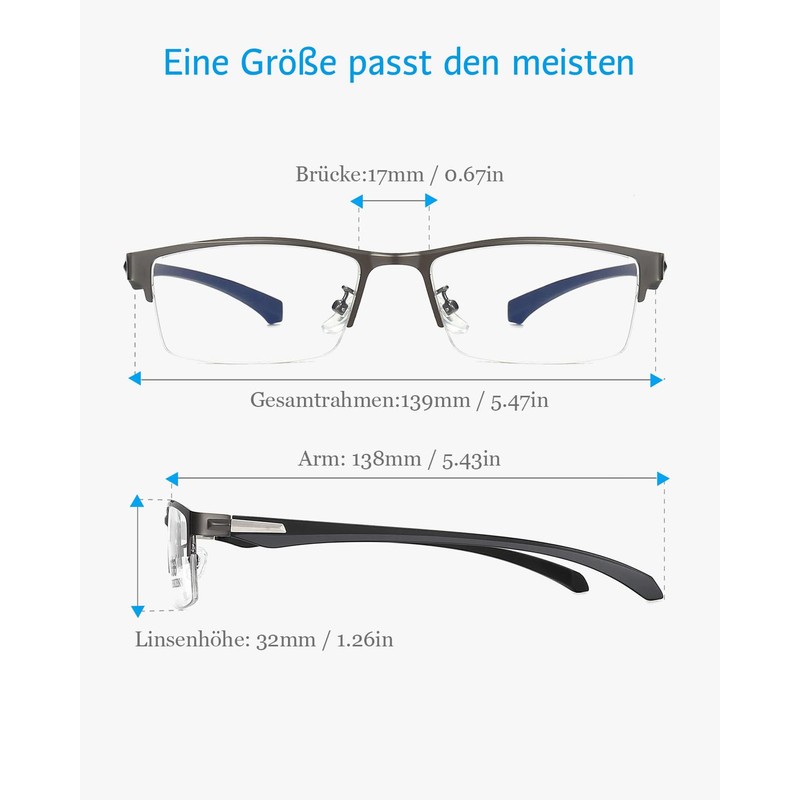 ANRRI Blue Light Glasses Men Half Round Rectangle Metal Frame