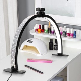 Half Moon Light for Nail Desk with Phone Holder, 28IN Folding Half-moon Lamp with Shinning Diamond, LED Light for Manicure, Eyelash Extension, Tattooing, Skin Management, Color Temperature 3000-6500K