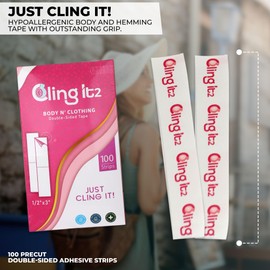 CLING IT2 Two-Sided Clothing & Body Tape 100 Strips of Hypoallergenic Fashion Double-Sided Tape for Skin, Clothes, & Hemming Without Ironing or Sewing