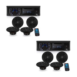 Pyle 6.5 Inch Waterproof Bluetooth Marine Receiver Stereo and Speaker Kit with Microphone Hands Free Calling, Remote Control, USB Port, AM/FM Radio, and Wireless Streaming, Black (2 Pack)