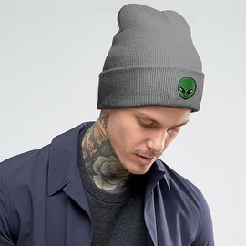 Koesnbre Grey Alien Hip Hop Embroidered Beanie Hats for Men Women-Winter Warm Stretchable Fashion Knit Cuffed Beanie Hat