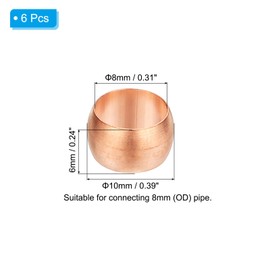 PATIKIL 8mm Tube OD Compression Sleeves Ferrules, 6pcs Copper Ferrule Fitting Compression Fitting Assortment Kit for Air Water Gas