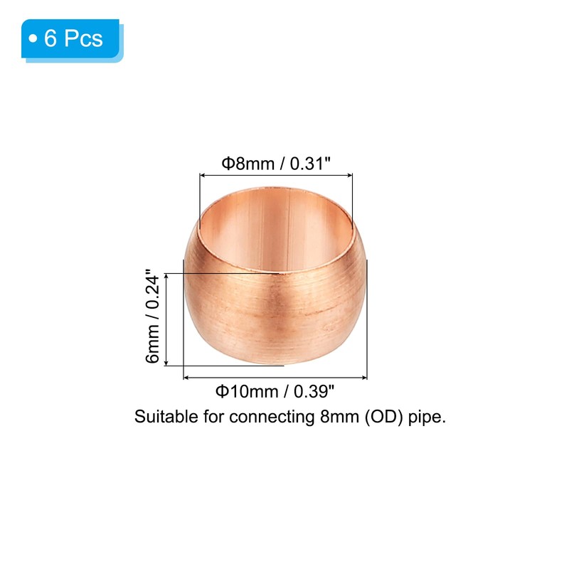 PATIKIL 8mm Tube OD Compression Sleeves Ferrules, 6pcs Copper Ferrule