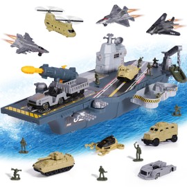 Military Aircraft Carrier Toys, Army Toys with 10 Vehicles, Fighter Jet Helicopter Tanks and Army Men Action Figures Toy for Kids Boys Girls