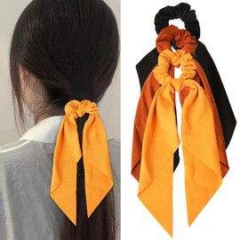 Guqqeuc Hair Scarf Scrunchies with Ribbon Tails for Girls Women Hair Bow Scrunchy Scarf Hair Ties for Teen Girls Knotted Bow Hair Elastics Satin Ponytail Holder for Womens 3pcs