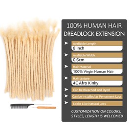 DAIXI 0.6cm Thickness #613 Blonde 8 Inch 10 Strands 100% Real Human Hair Dreadlock Extensions for Man/Women Full Head Handmade Permanent loc Extensions Bundles Can Be Dyed Bleached Curled Twisted