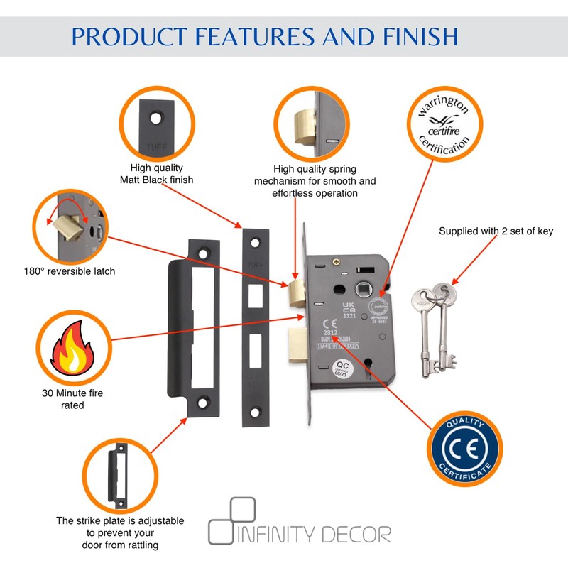 Infinity Decor Fire Rated Matt Black 3 Lever Mortice Sash