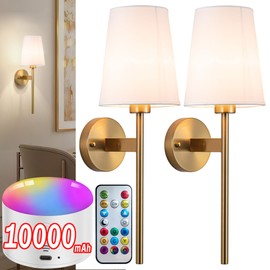 Battery Operated Wall Sconce with Remote,White Fabric Shade Wall Sconce Set Of 2 Battery Powered Sconces Wall Lighting Indoor Wireless Dimmable Wall Lamp with 3 Color Temp Bulb for Bedroom Living Room