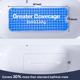 Naoloture Extra Long Bathtub Mat Non Slip, Clear Navy Blue Soft Bath Mat for Tub 40 x 16 Inch Full Size, Long Shower Mats for Bathroom Floor, Big Suction Cups and Drain Holes, Easy Washable, BPA Free