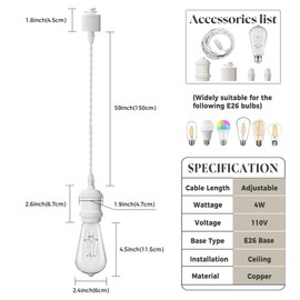 Fiabtool Universal H-Type Modern Pendant Track Lights Kit with 3 Bulbs,3-Pack White Track-Mounted Hanging Fixtures 4000K Natural Light Bulbs, E26 Socket for Kitchen Island and Dining Room