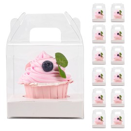 LOKQING 12 PCS Individual Cupcake Containers Single Cupcake Boxes with Handle and Inserts Clear Plastic Favor Boxes