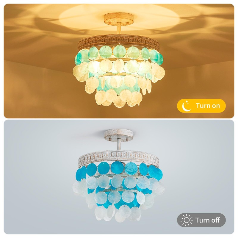 ElegLumi White Blue Capiz Shell Ceiling Light, Capiz Shell Chandeliers