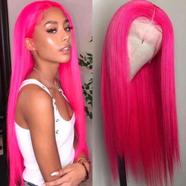 Lezaxiu Hot Pink Lace Front Wigs Wear and Go Glueless Wig Pre Plucked Long Straight Hair Wig Magenta Pink Wigs Ready to Wear Wigs Heat Resistant Synthetic Lace Front Wigs for Women