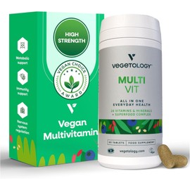 Vegetology Vegan Multivitamin Tablets for Women and Men, 26 Chelated Vitamins and Minerals with Iron, Vitamin B12, D3 and K2, Metabolic, Brain, Immune Support, 60 Tablets, 2 Months Supply, Ages 11+