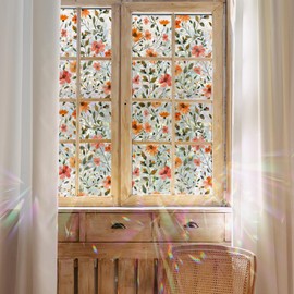 Alwayspon Orange Flower Colored Static Window Privacy Film, Stained Glass Effect Window Decals, Static Window Clings Sticker, Anti UV Heat Control Glass Film