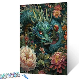 Tucocoo Green Dragon Paint by Number for Adults, Easy DIY Oil Painting Kits on Canvas with Brushes and Acrylic Pigment, Enchanted Garden Abstract Flowers Picture for Home Decor 16x20inch (Frameless)