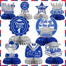 2024 Graduation decorations party centerpieces Class of 2024, 9pcs Graduation decoration party table Honeycomb Centerpieces decor Congrats Grad Party Supplies(Blue)