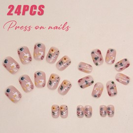 Boloshine 24 Pcs Press on Nails Short, Colorful Falling Flowers False Nails Tips, Removable Acrylic Stick on Nails Full Cover Fake Nails with Glue Stickers, Women Girls Nail Art Accessories