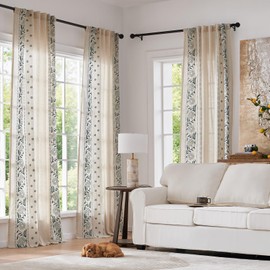 jinchan Winslow Linen Curtains for Bedroom 63 Inches Length Embroidered Bordered Floral Curtains for Living Room Farmhouse Decor Light Filtering Window Treatments Blue on Beige Drapes 2 Panels