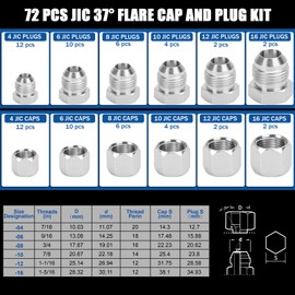 XJX 72-Piece JIC 37° Cap and Plug Kit, Hydraulic Hose Caps and Plugs Kit 45# Steel Pipe Fitting Set with Precision Threads