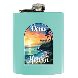 R and R Imports Oahu Hawaii Design A Souvenir 7 oz Steel Flask Matte Finish Seafoam 4-Pack
