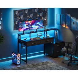 AODK 55-Inch Computer Desk with Power Outlets and LED Lights, Gaming Desk with 4 Fabric Drawers, Reversible Office Desk with Monitor Riser, Writing/Study Table for Home, Black