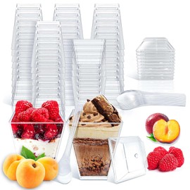 50 Tazas Tazas de Postre de 5 onzas,vasitos para postres,Vasos para Postres Cuadradas,Cucharas de Tazas de Postre Cuadradas,con tapas y cucharas para fiestas, frutas,Helados,Pasteles