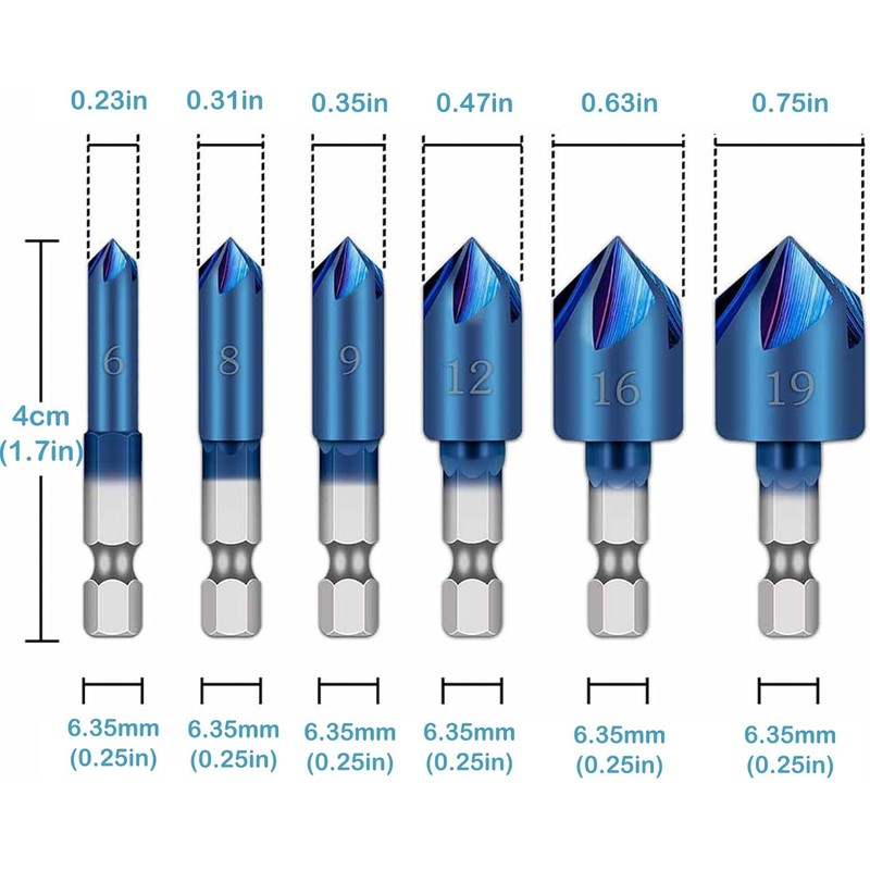KEWAYO 6-Piece Countersink Set, Hexagonal Countersink Drill Bit 90° Angle