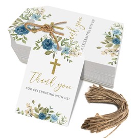 Baptism Thank You Tags, 50 Pcs Cross Design Thank You for Celebrating with Us Paper Tags for Newborn Baby Shower Birthday (Blue)