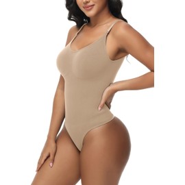 Bodysuit for Women Tummy Control Shapewear Body Shaper Seamless Spaghetti Strap Camisole Leotards Beige Thong XXS-XS