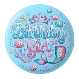 Mermaid Birthday Girl Button Pin, Under the Sea Party Decoration, Birthday Party Supplies for Women, 2.3 Inch Button Badge, Mermaid Party Favors