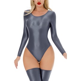 AUBIG Womens Shiny Oil Glossy Long Sleeve Leotard Stretchy Metallic Bodysuit Dance Leotard Grey X-Large