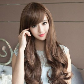 Long Curly Wigs for Women Girls with Oblique Fringe 75 cm Black/Dark Brown/Light Brown (Light Brown)