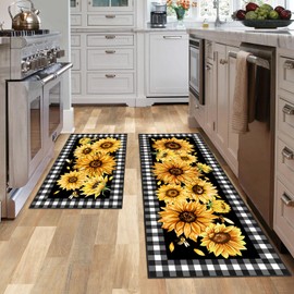 UIHGUHO Sunflower Farmhouse Kitchen Mats Set of 2, Non-Skid Washable Vintage Floral Buffalo Plaid Floor Rugs 17"x47" and 17"x30" Black Decor