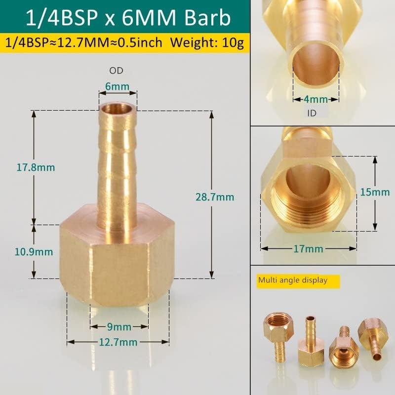 MiJunHD 2X Brass Pipe Fitting 6mm Hose Barb Tail 1/4''
