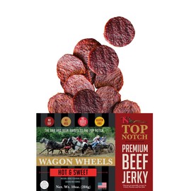Top Notch Wagon Wheels Jerky - 10 oz Bag of Beef Jerky - High Protein Snacks for Kids and Adults Made From Locally Raised Beef - Flavorful Rounds of Premium Beef Jerky (Hot and Sweet)